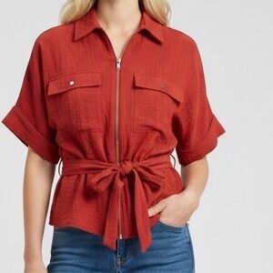 Zara XS Red Zip Up Utility Jacket Shirt Tie Waist Cargo Pockets Short Sleeve